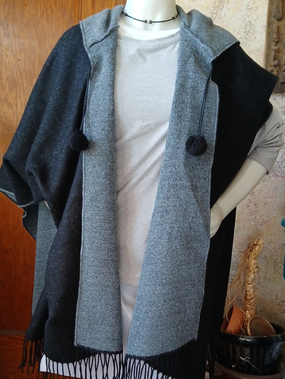 Reversible Hooded Poncho Cape - Black & Gray